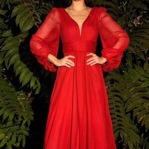 Cinderella Divine Red Bishop Sleeve Chiffon Dress